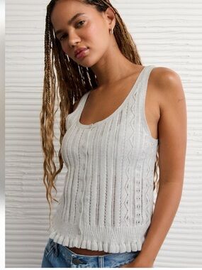 American Eagle Button Front Knit Tank Top Ruffle Hem in Light Gray NWT S